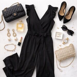 Premier Amour Black Ruffle Sleeve Wrap Jumpsuit – Size 12